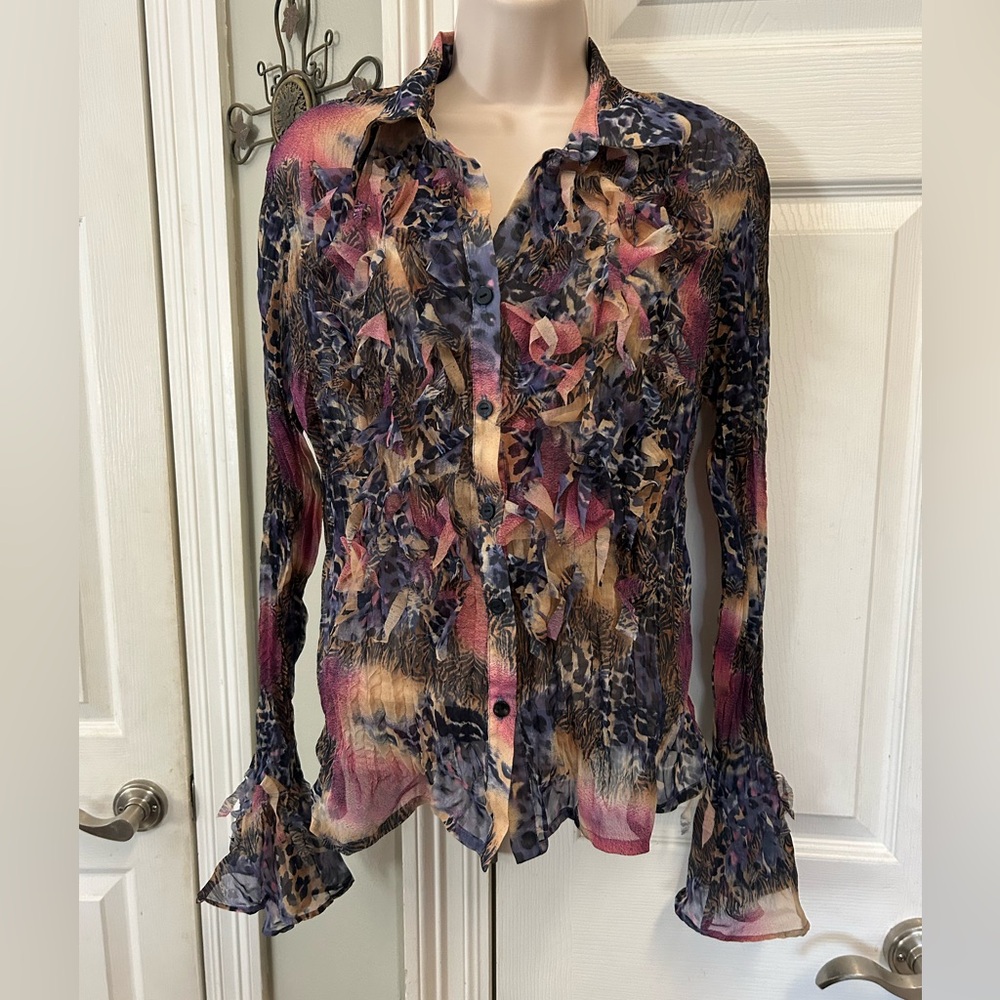 Women's Multicolor Sheer Blouse Fairy Dark Grunge Textured Beaded Ruffle Vintage